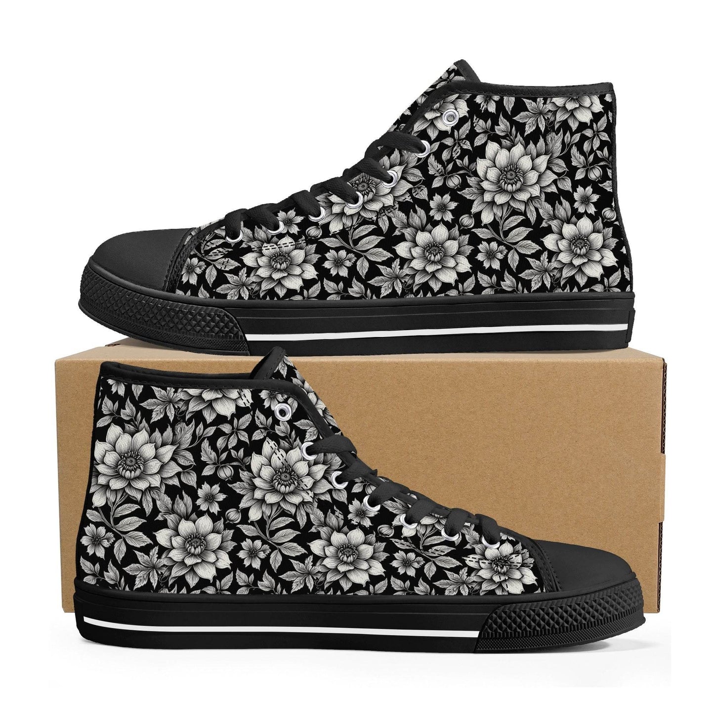 Black and White Bloom Men's High Top Canvas Shoes - DeRose Seasonal