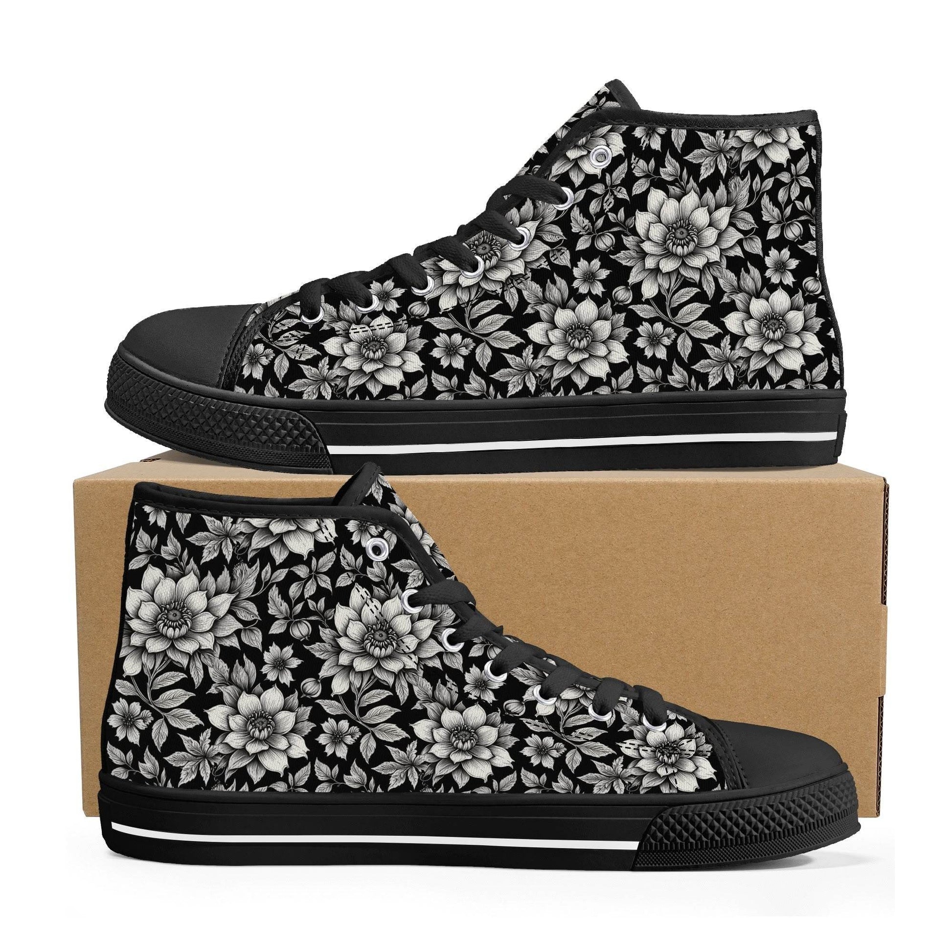 Black and White Bloom Men's High Top Canvas Shoes - DeRose Seasonal