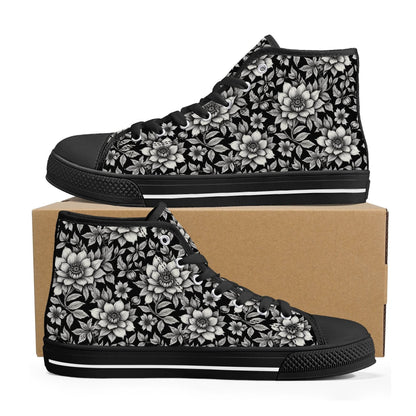 Black and White Bloom Men's High Top Canvas Shoes - DeRose Seasonal