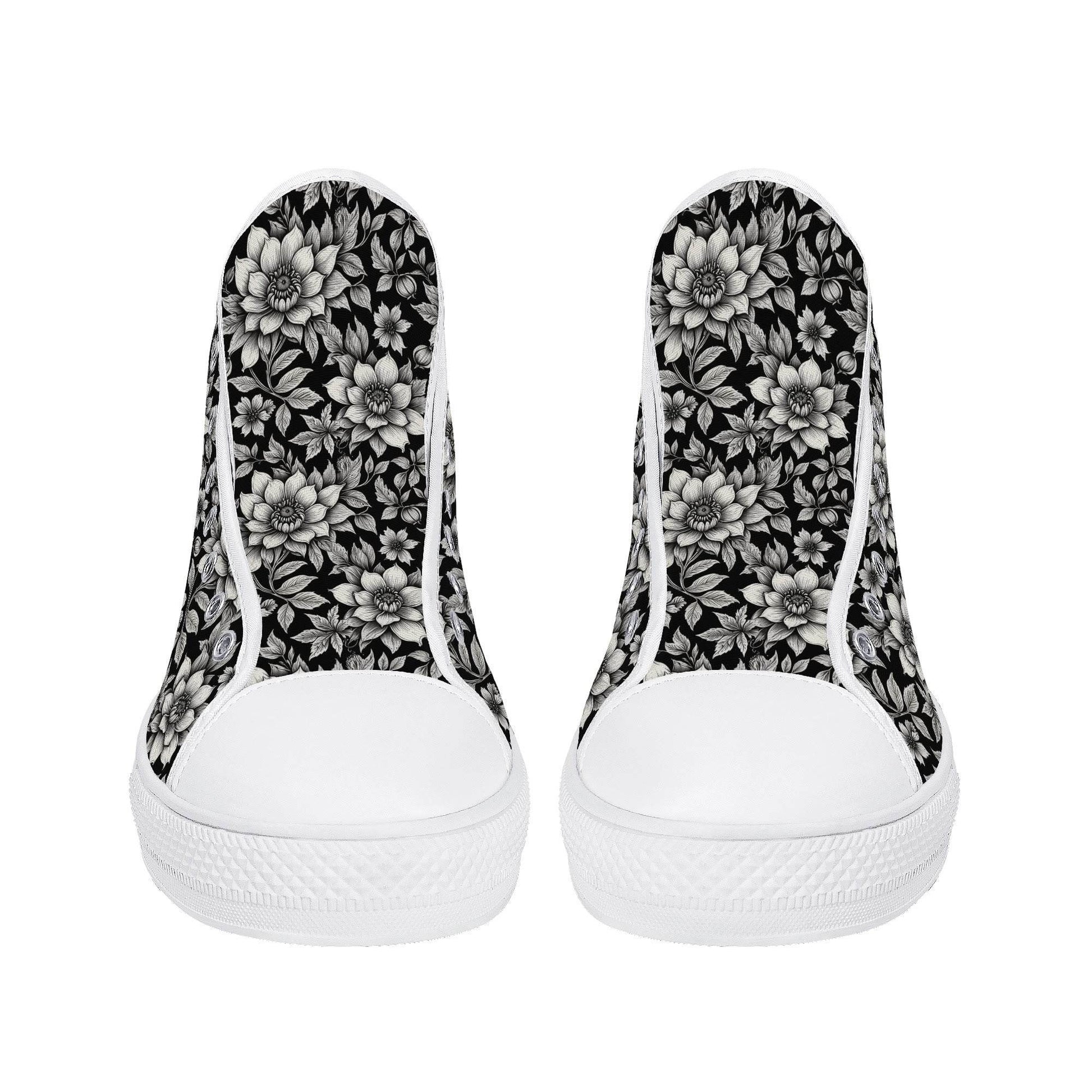 Black and White Bloom Men's High Top Canvas Shoes - DeRose Seasonal