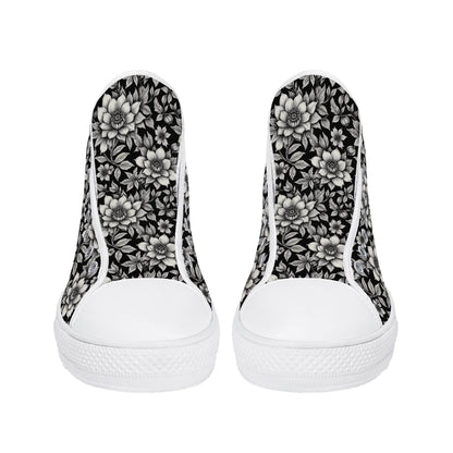 Black and White Bloom Men's High Top Canvas Shoes - DeRose Seasonal