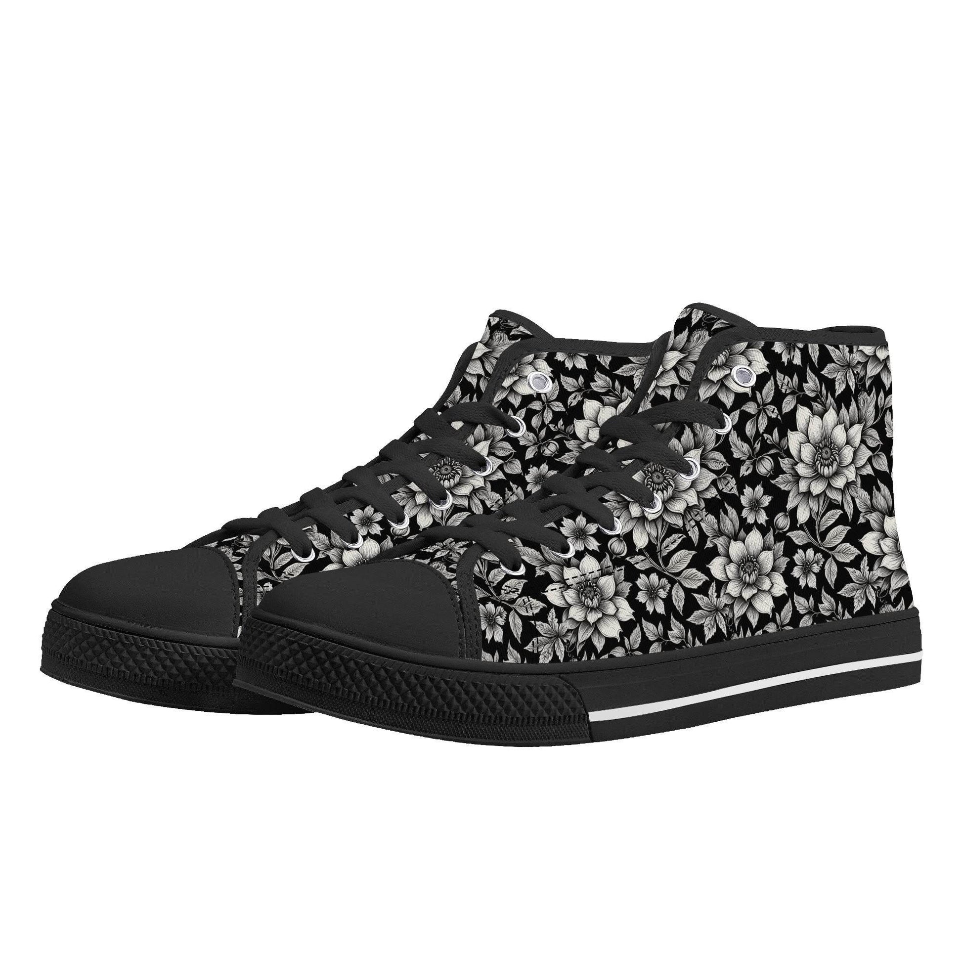 Black and White Bloom Men's High Top Canvas Shoes - DeRose Seasonal