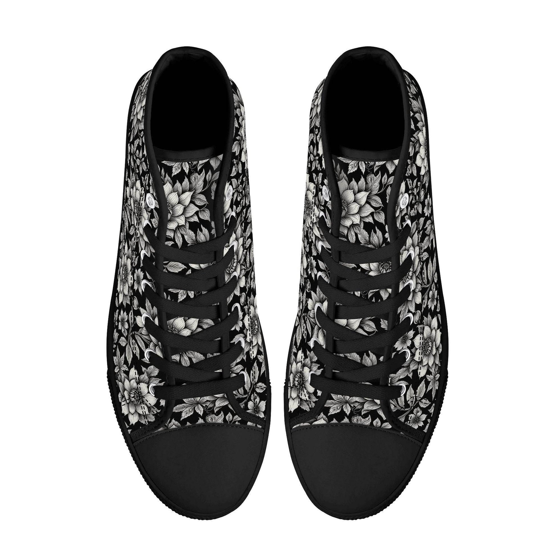 Black and White Bloom Men's High Top Canvas Shoes - DeRose Seasonal