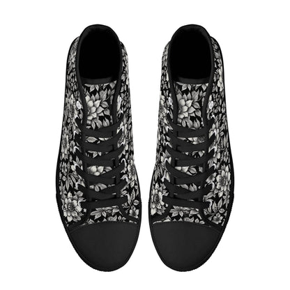 Black and White Bloom Men's High Top Canvas Shoes - DeRose Seasonal
