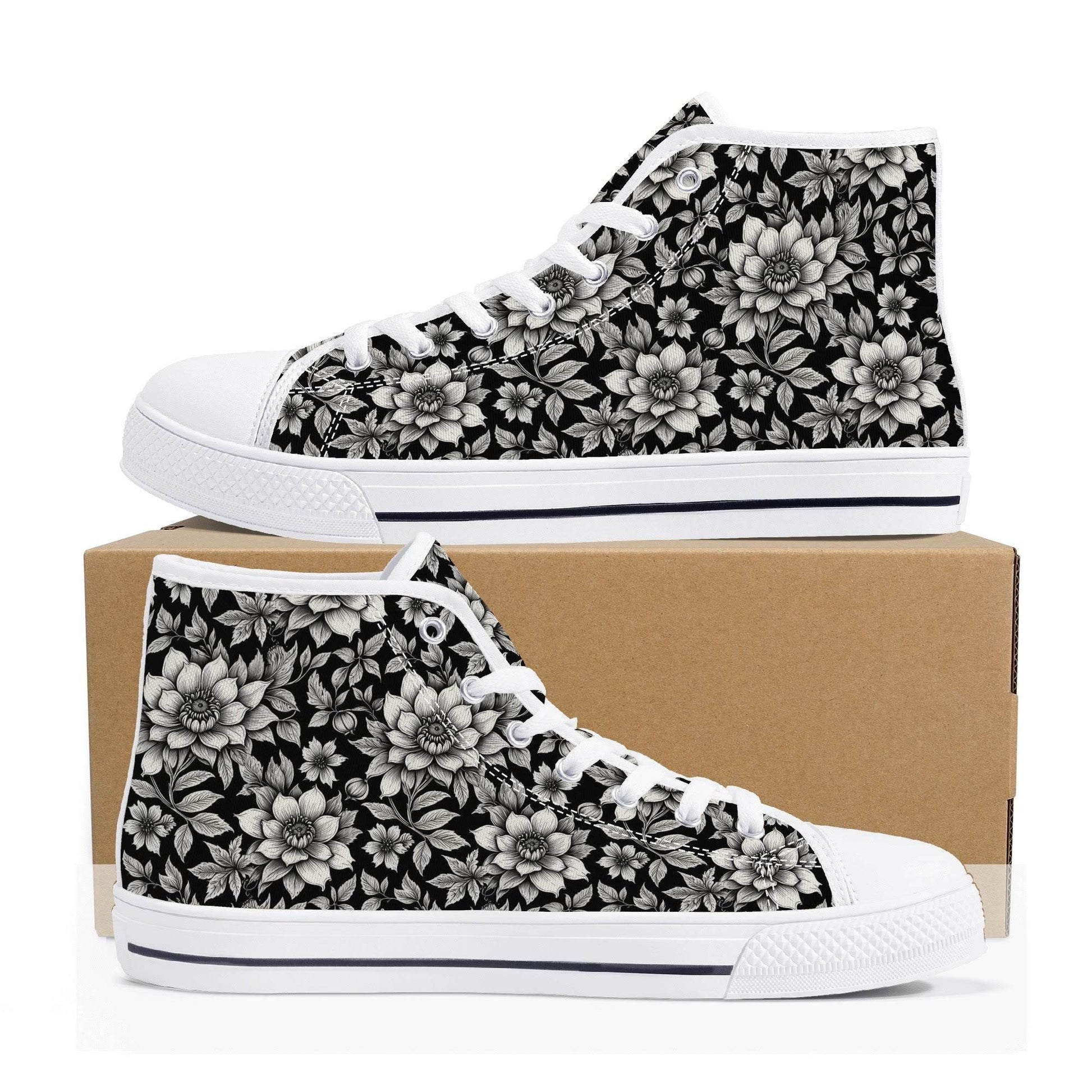 Black and White Bloom Men's High Top Canvas Shoes - DeRose Seasonal