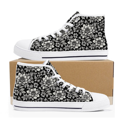 Black and White Bloom Men's High Top Canvas Shoes - DeRose Seasonal
