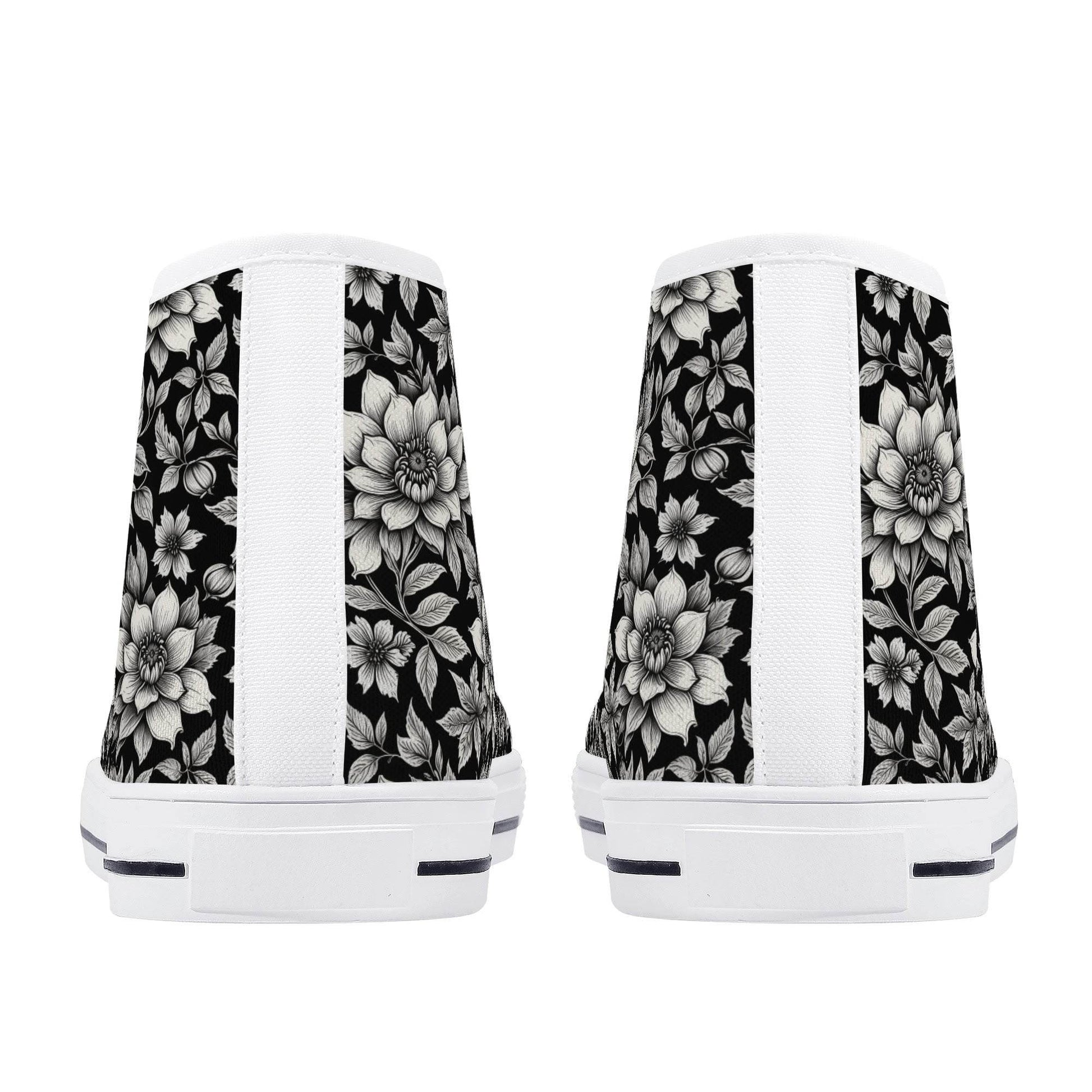 Black and White Bloom Men's High Top Canvas Shoes - DeRose Seasonal