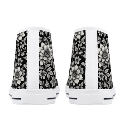 Black and White Bloom Men's High Top Canvas Shoes - DeRose Seasonal