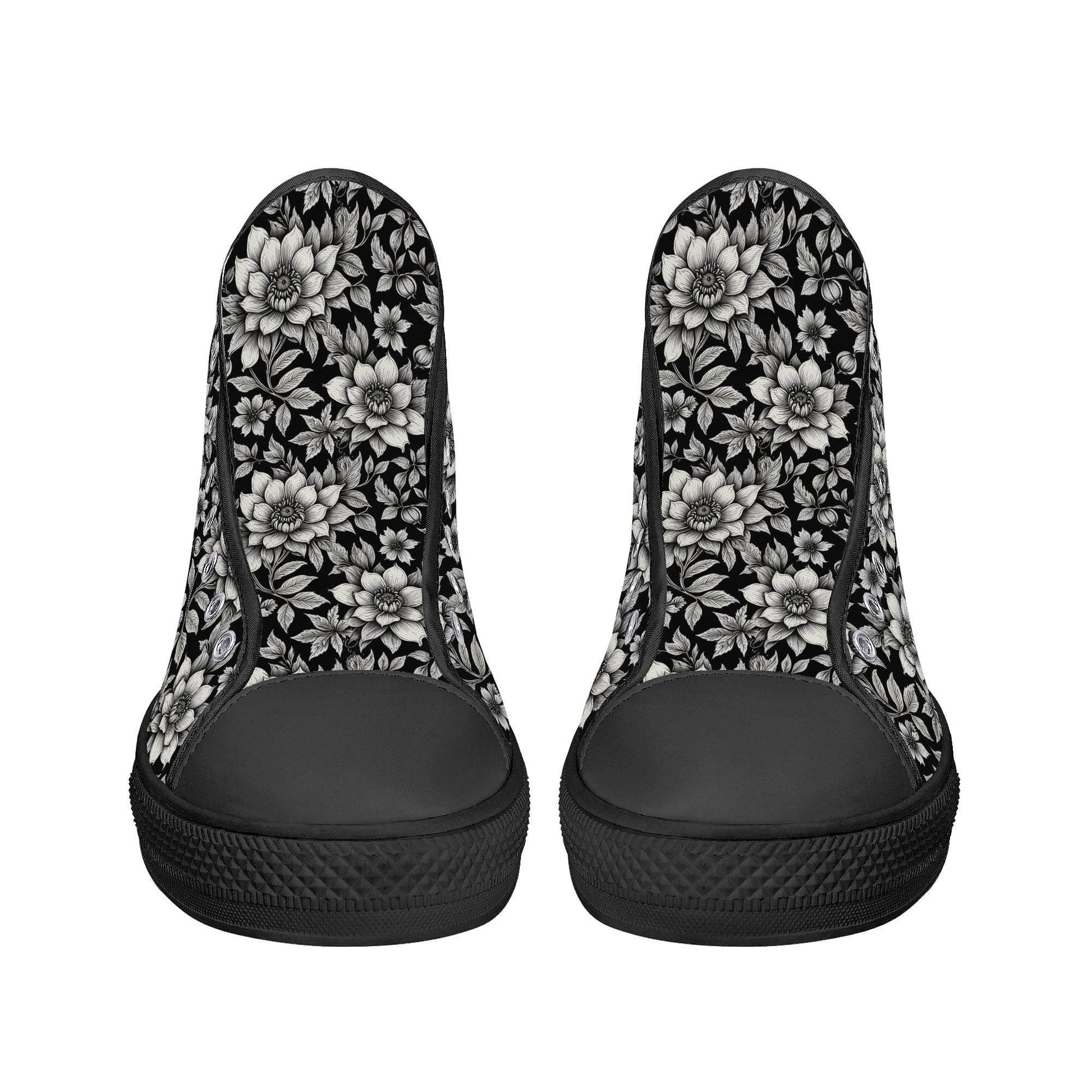 Black and White Bloom Men's High Top Canvas Shoes - DeRose Seasonal
