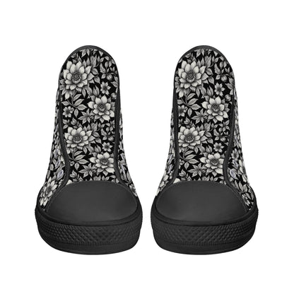 Black and White Bloom Men's High Top Canvas Shoes - DeRose Seasonal