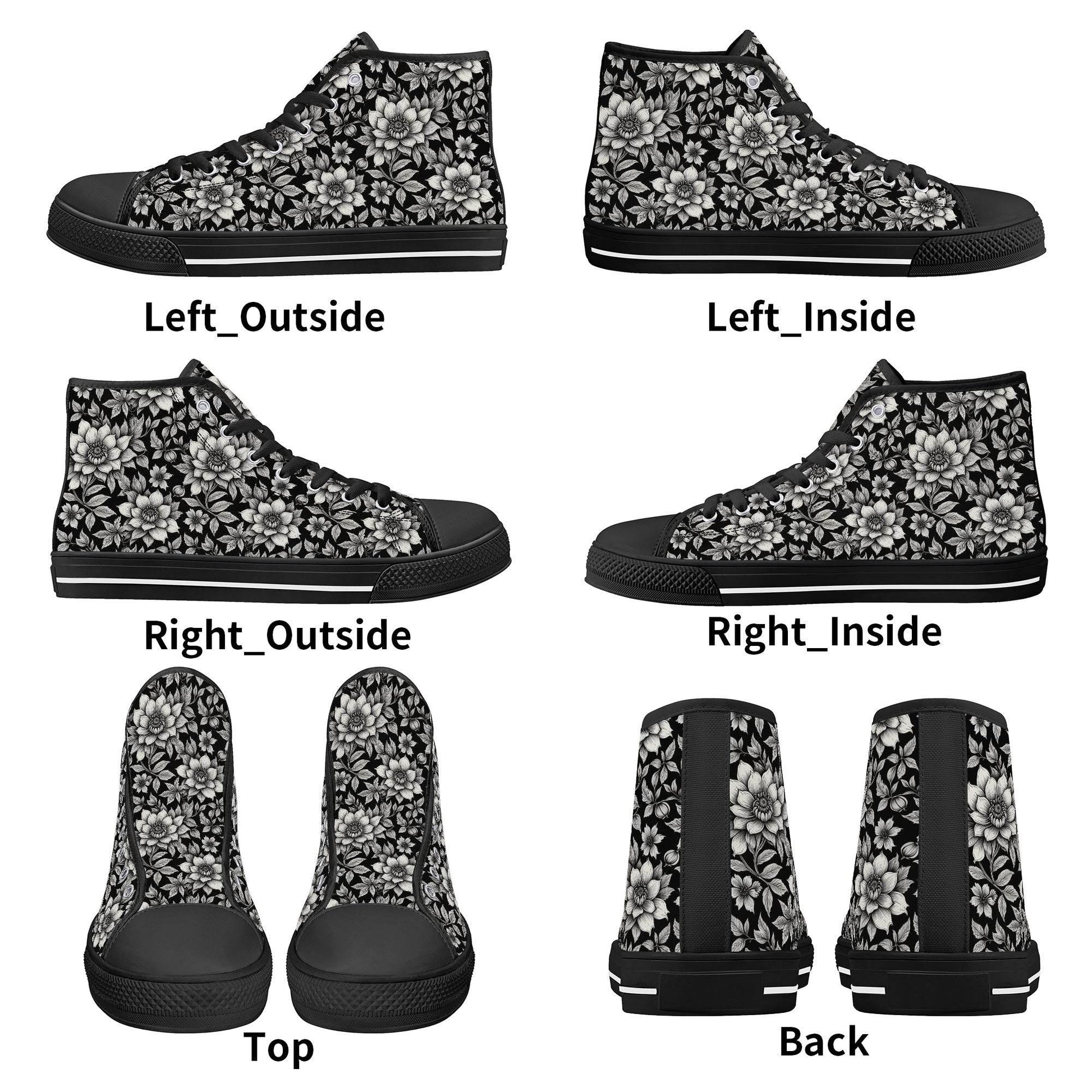 Black and White Bloom Men's High Top Canvas Shoes - DeRose Seasonal
