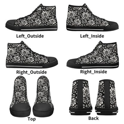 Black and White Bloom Men's High Top Canvas Shoes - DeRose Seasonal