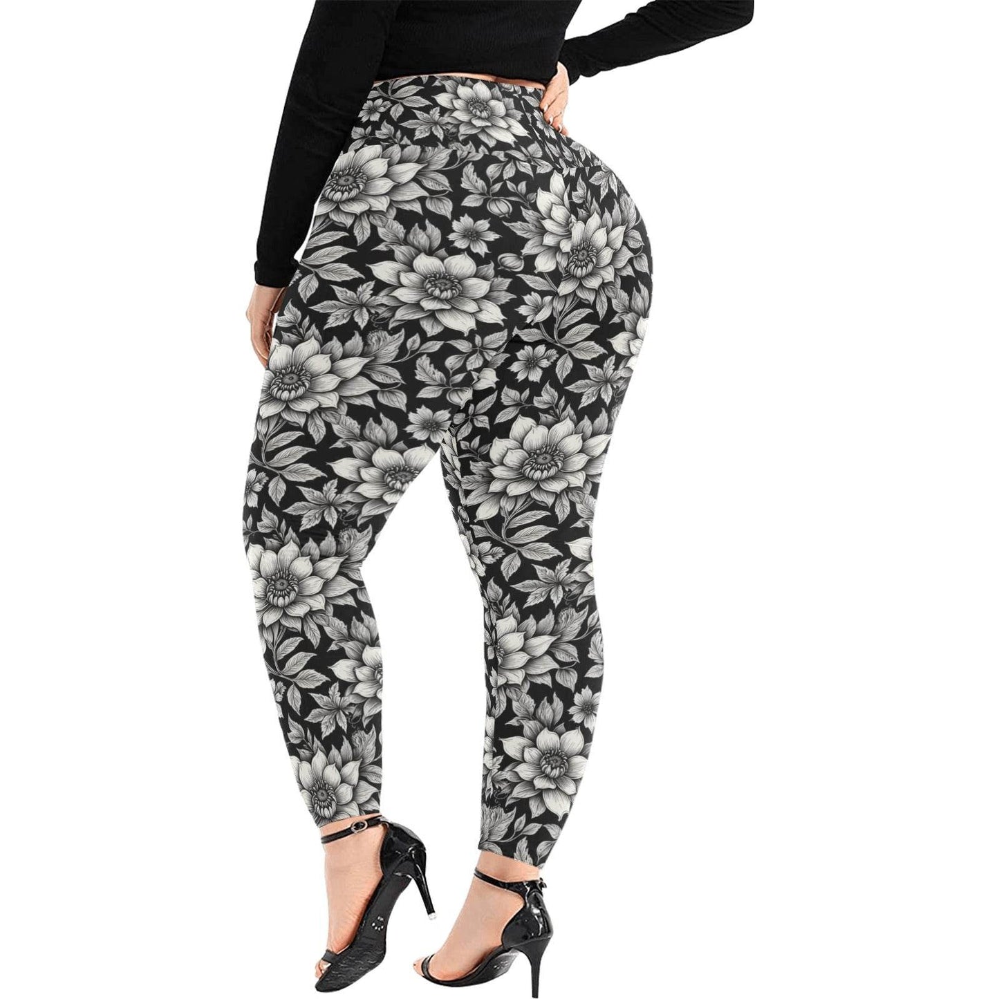 Black and White Bloom Women's Plus Size High Waited Leggings Women's High Waist Leggings(Plus Size)(ModelL45) - DeRose Seasonal