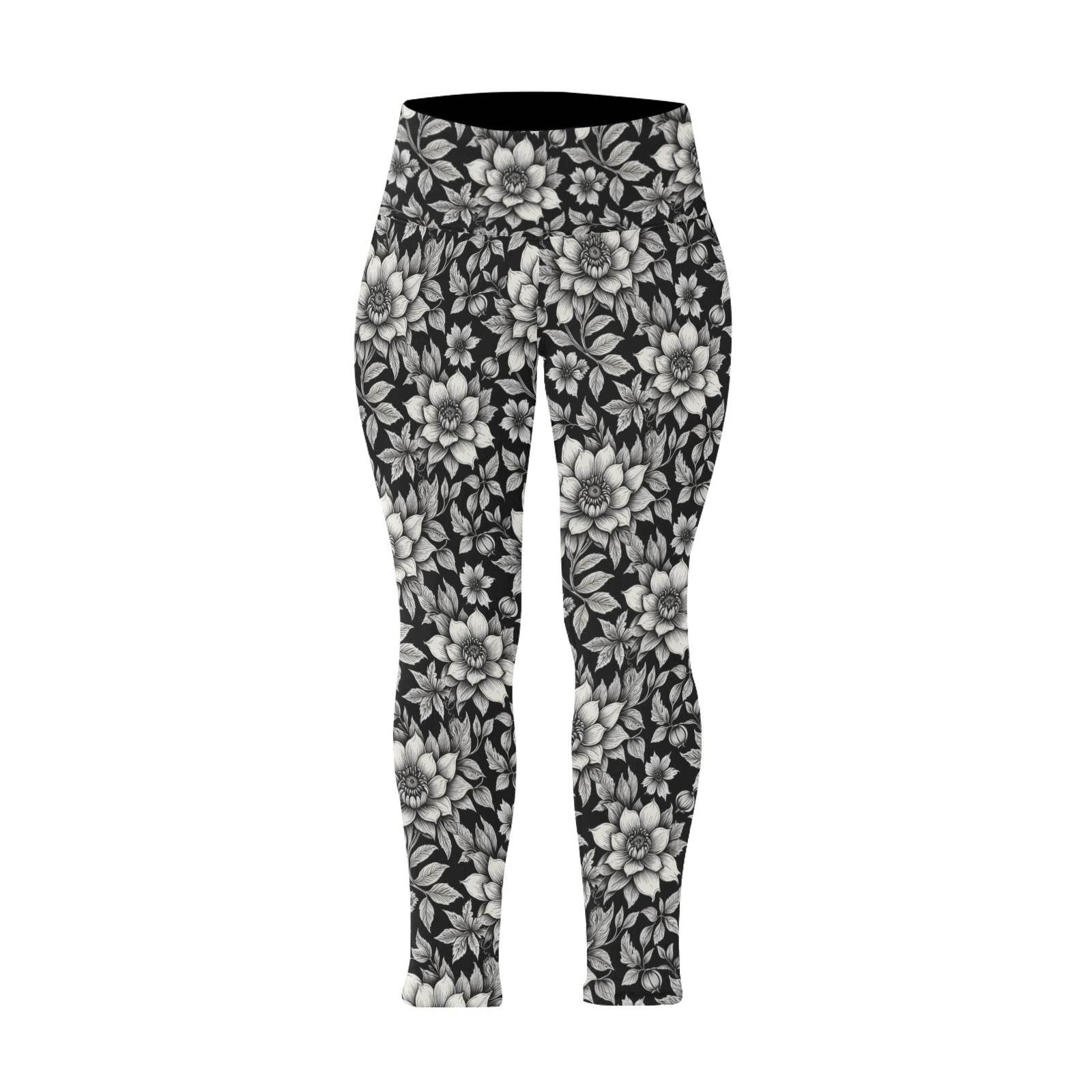 Black and White Bloom Women's Plus Size High Waited Leggings Women's High Waist Leggings(Plus Size)(ModelL45) - DeRose Seasonal
