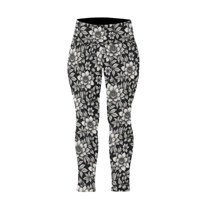 Black and White Bloom Women's Plus Size High Waited Leggings Women's High Waist Leggings(Plus Size)(ModelL45) - DeRose Seasonal