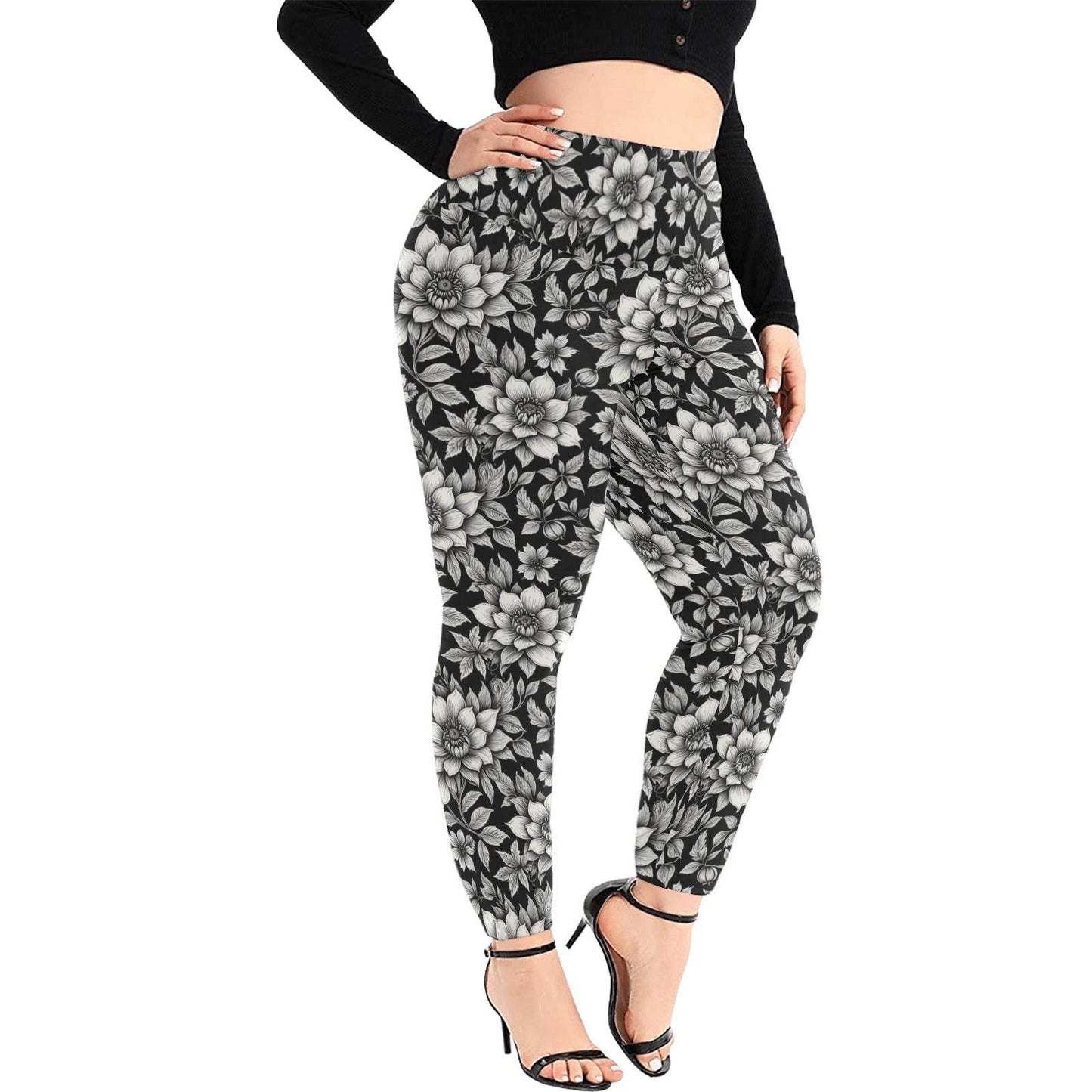 Black and White Bloom Women's Plus Size High Waited Leggings Women's High Waist Leggings(Plus Size)(ModelL45) - DeRose Seasonal