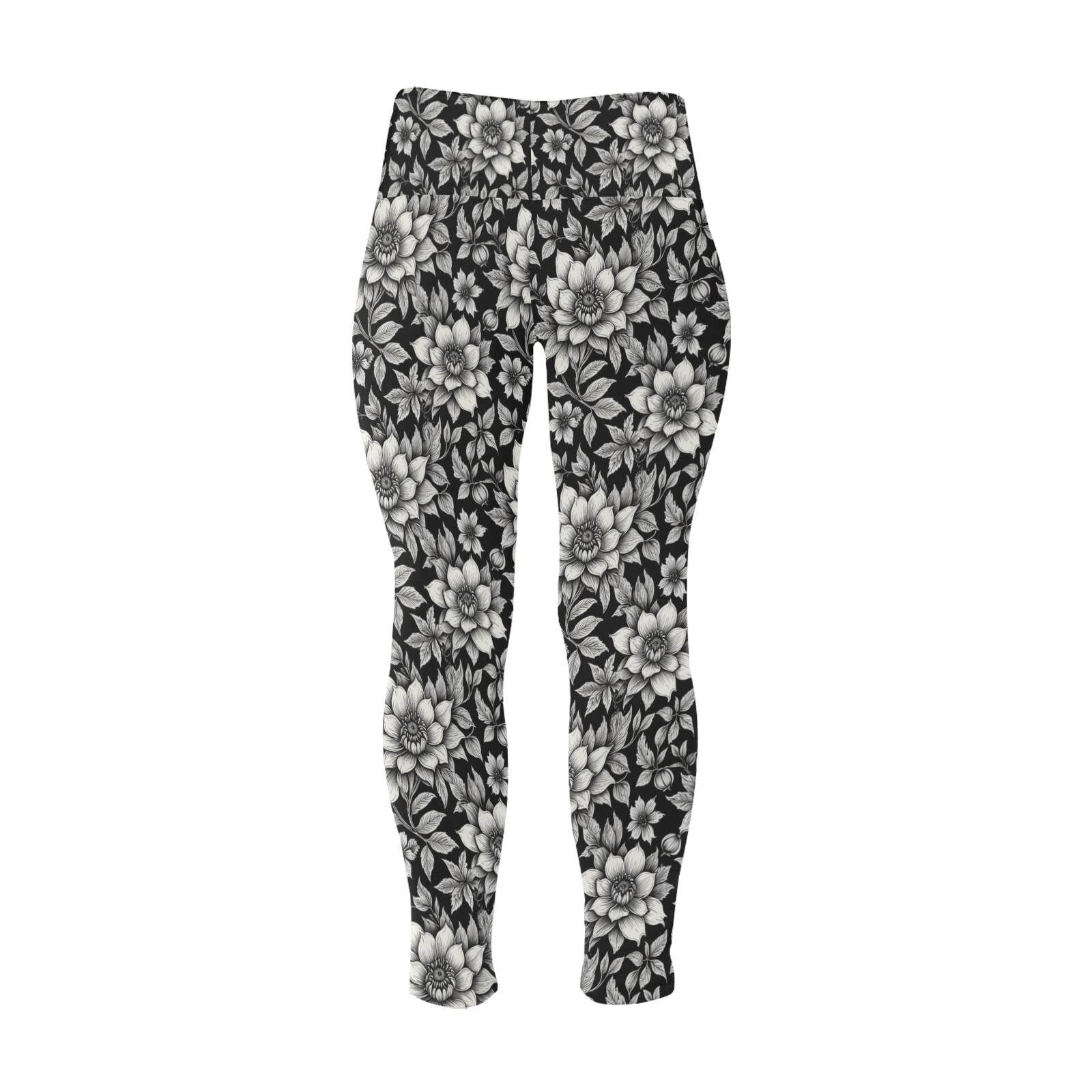 Black and White Bloom Women's Plus Size High Waited Leggings Women's High Waist Leggings(Plus Size)(ModelL45) - DeRose Seasonal