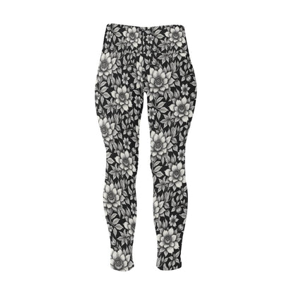 Black and White Bloom Women's Plus Size High Waited Leggings Women's High Waist Leggings(Plus Size)(ModelL45) - DeRose Seasonal