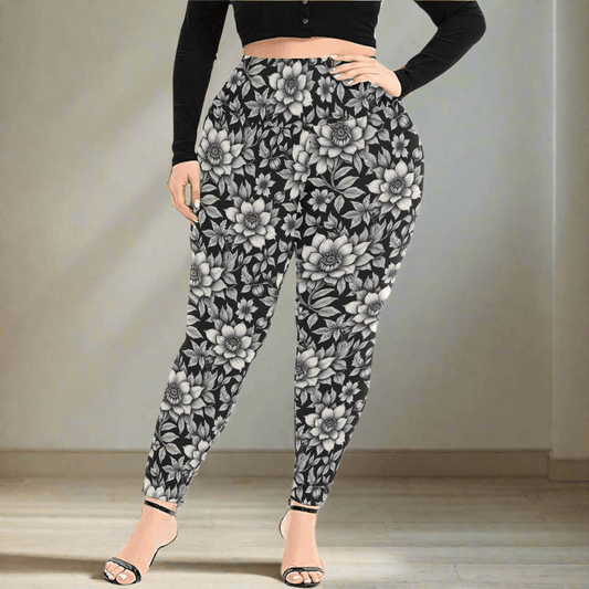 Black and White Bloom Women's Plus Size High Waited Leggings Women's High Waist Leggings(Plus Size)(ModelL45) - DeRose Seasonal