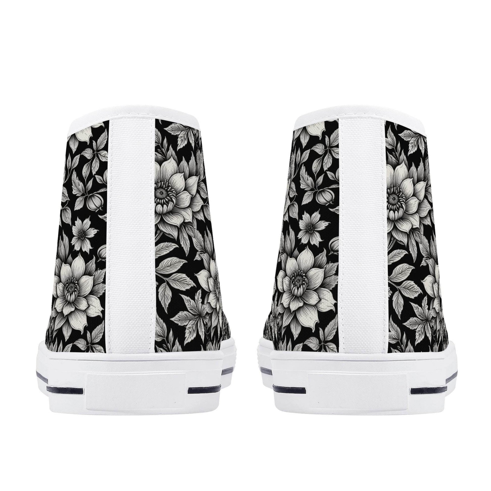 Black and White Bloom Women's High Top Canvas Shoes - DeRose Seasonal