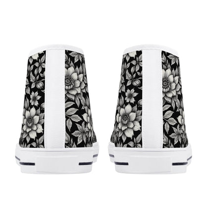 Black and White Bloom Women's High Top Canvas Shoes - DeRose Seasonal