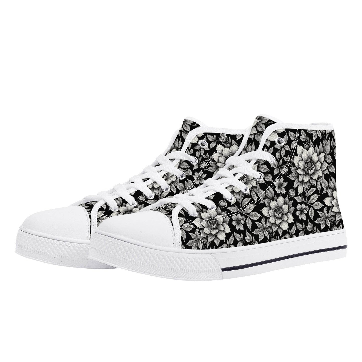 Black and White Bloom Women's High Top Canvas Shoes - DeRose Seasonal