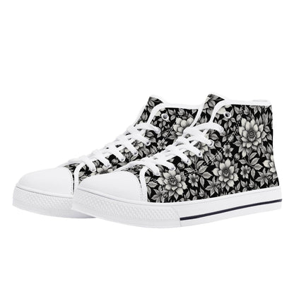 Black and White Bloom Women's High Top Canvas Shoes - DeRose Seasonal
