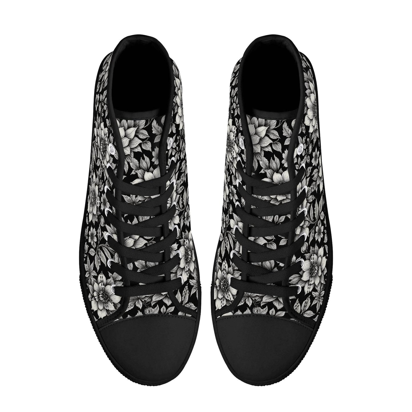 Black and White Bloom Women's High Top Canvas Shoes - DeRose Seasonal