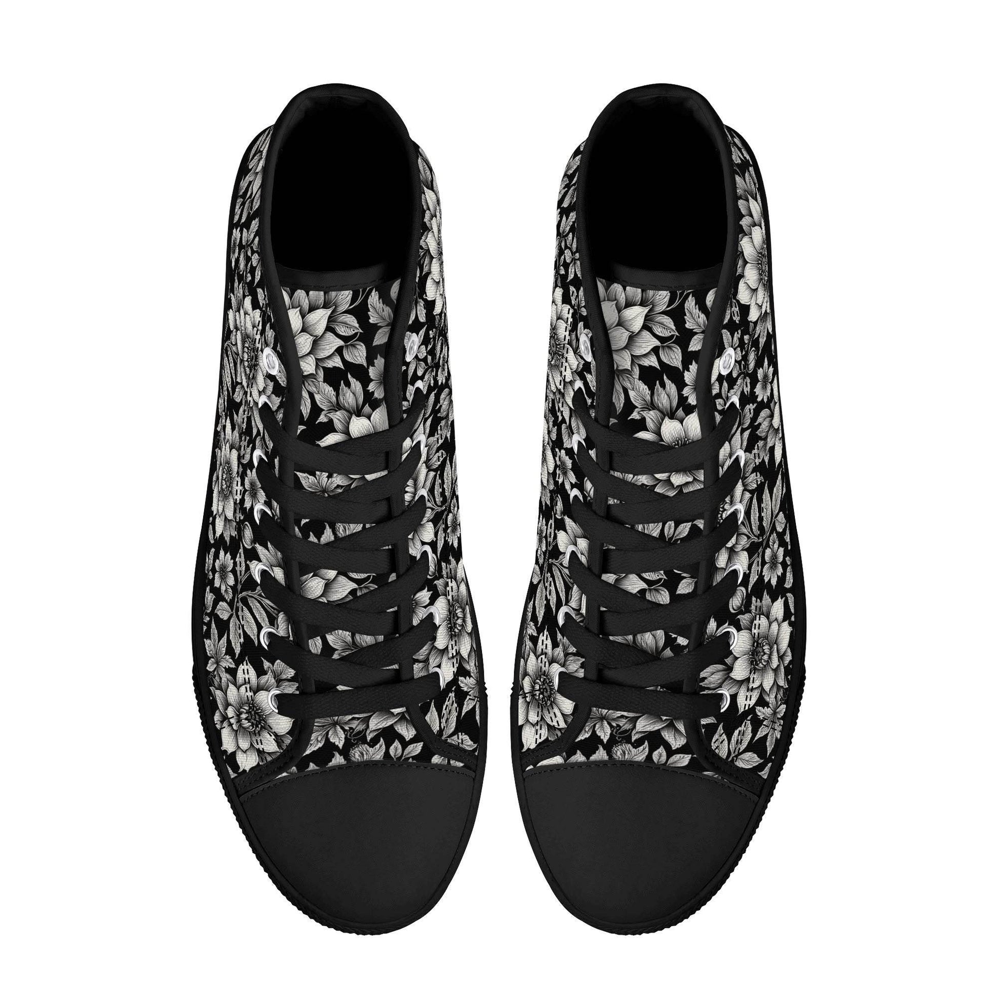 Black and White Bloom Women's High Top Canvas Shoes - DeRose Seasonal