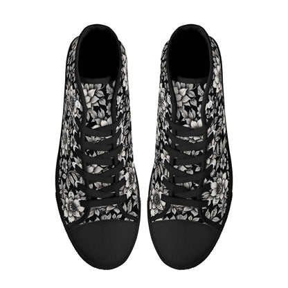 Black and White Bloom Women's High Top Canvas Shoes - DeRose Seasonal