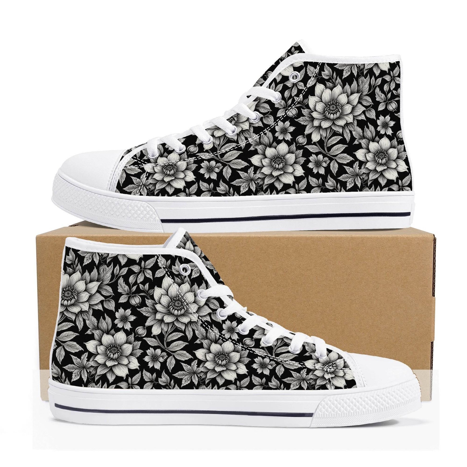 Black and White Bloom Women's High Top Canvas Shoes - DeRose Seasonal