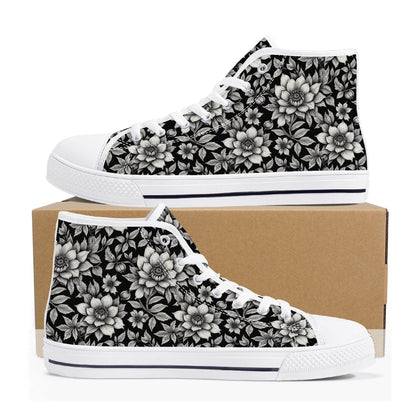 Black and White Bloom Women's High Top Canvas Shoes - DeRose Seasonal