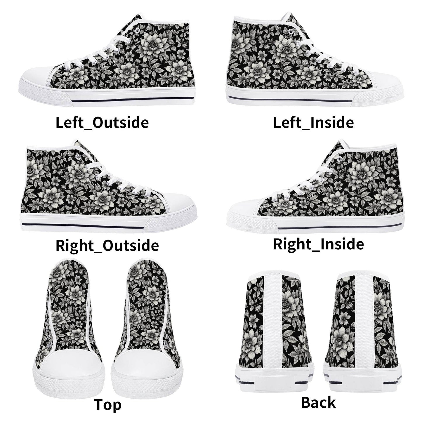Black and White Bloom Women's High Top Canvas Shoes - DeRose Seasonal
