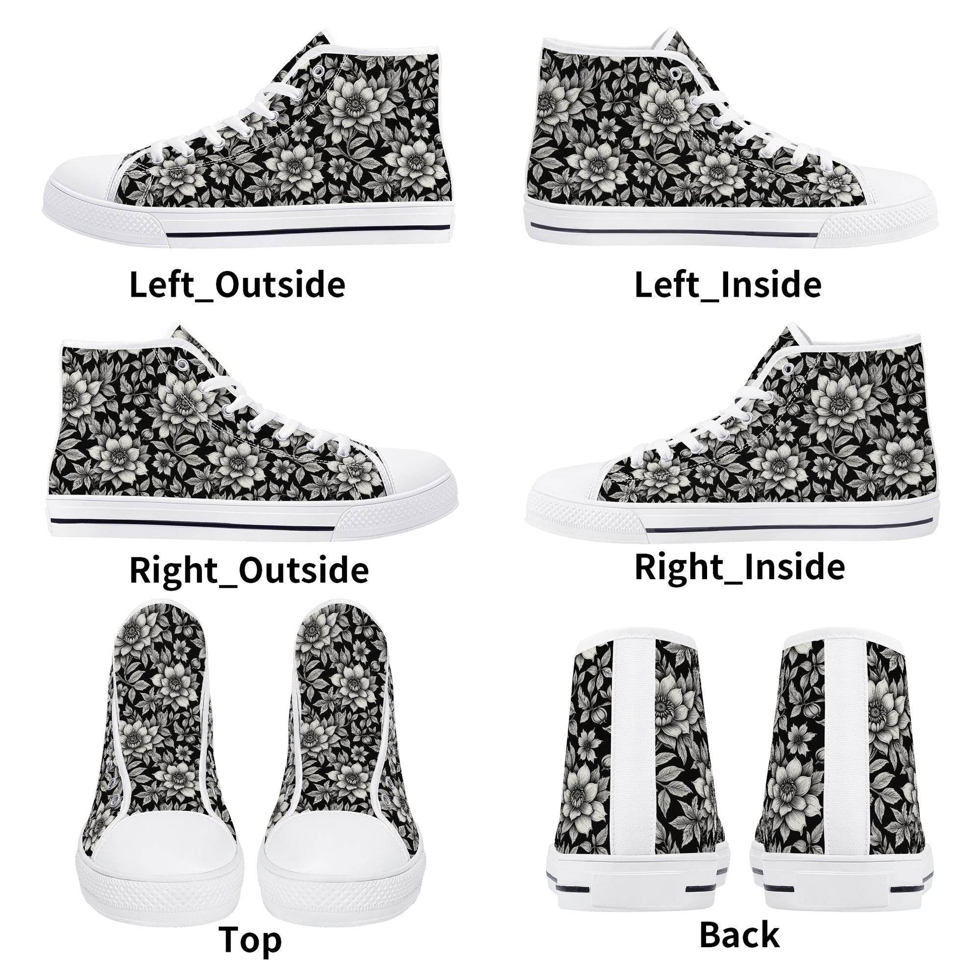 Black and White Bloom Women's High Top Canvas Shoes - DeRose Seasonal