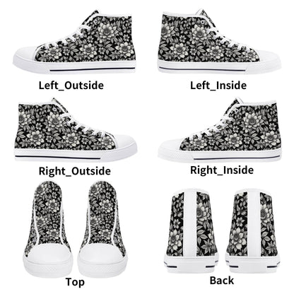 Black and White Bloom Women's High Top Canvas Shoes - DeRose Seasonal