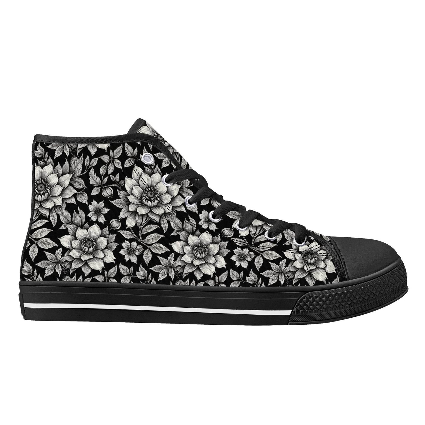 Black and White Bloom Women's High Top Canvas Shoes - DeRose Seasonal