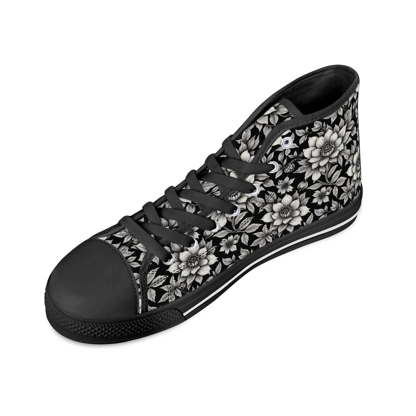 Black and White Bloom Women's High Top Canvas Shoes - DeRose Seasonal