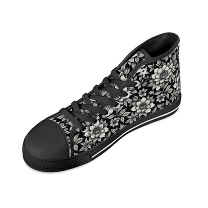 Black and White Bloom Women's High Top Canvas Shoes - DeRose Seasonal