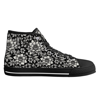 Black and White Bloom Women's High Top Canvas Shoes - DeRose Seasonal