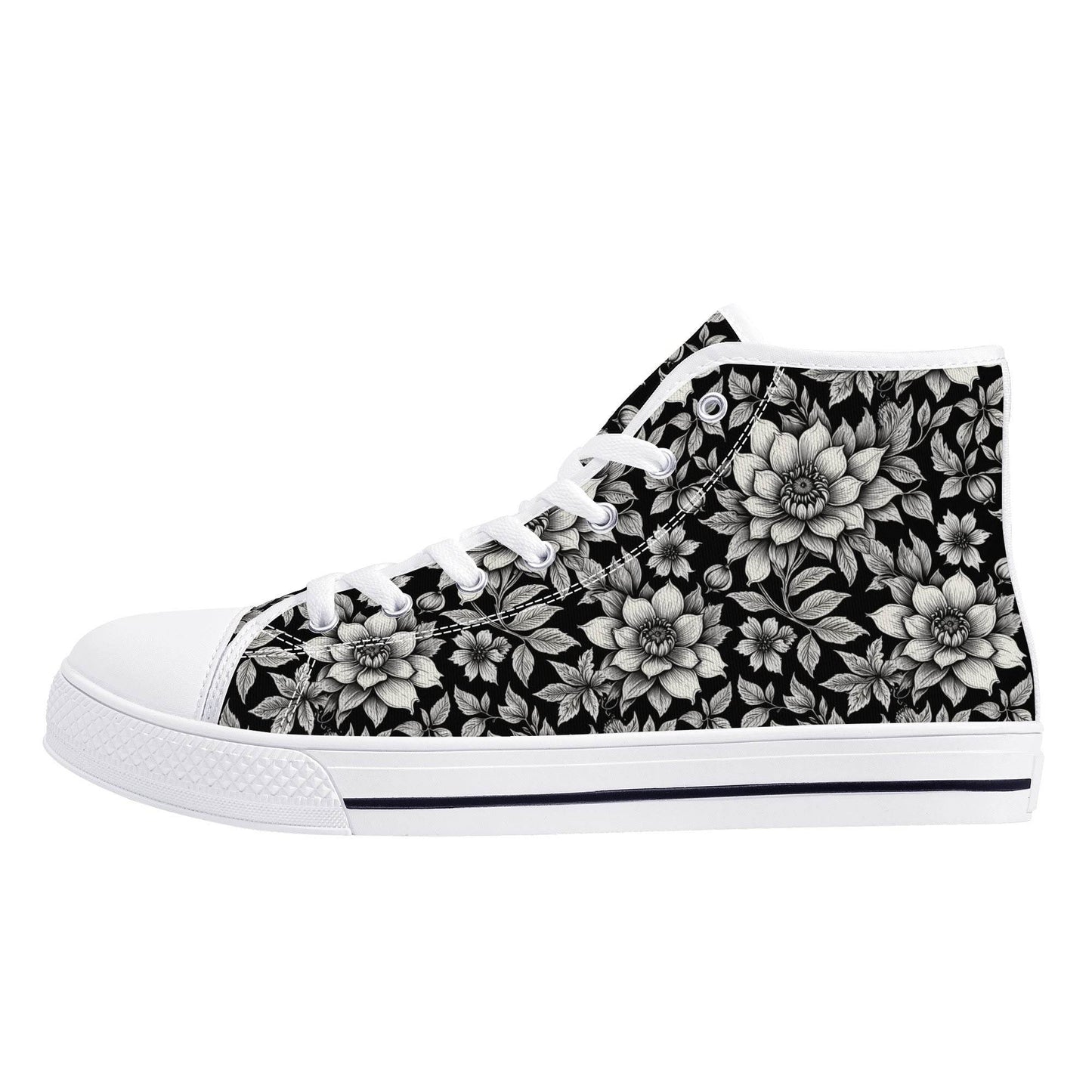 Black and White Bloom Women's High Top Canvas Shoes - DeRose Seasonal