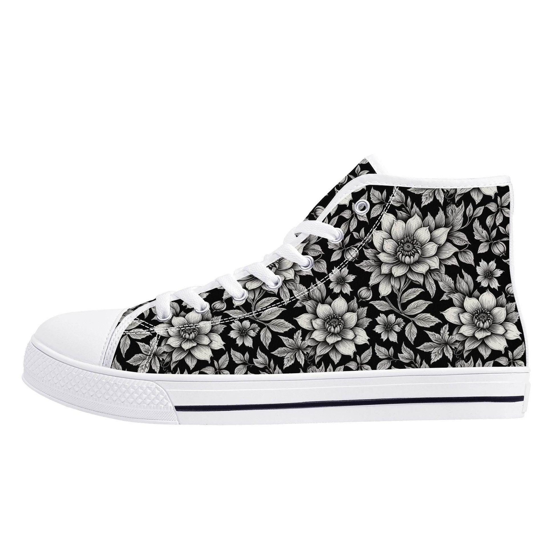 Black and White Bloom Women's High Top Canvas Shoes - DeRose Seasonal
