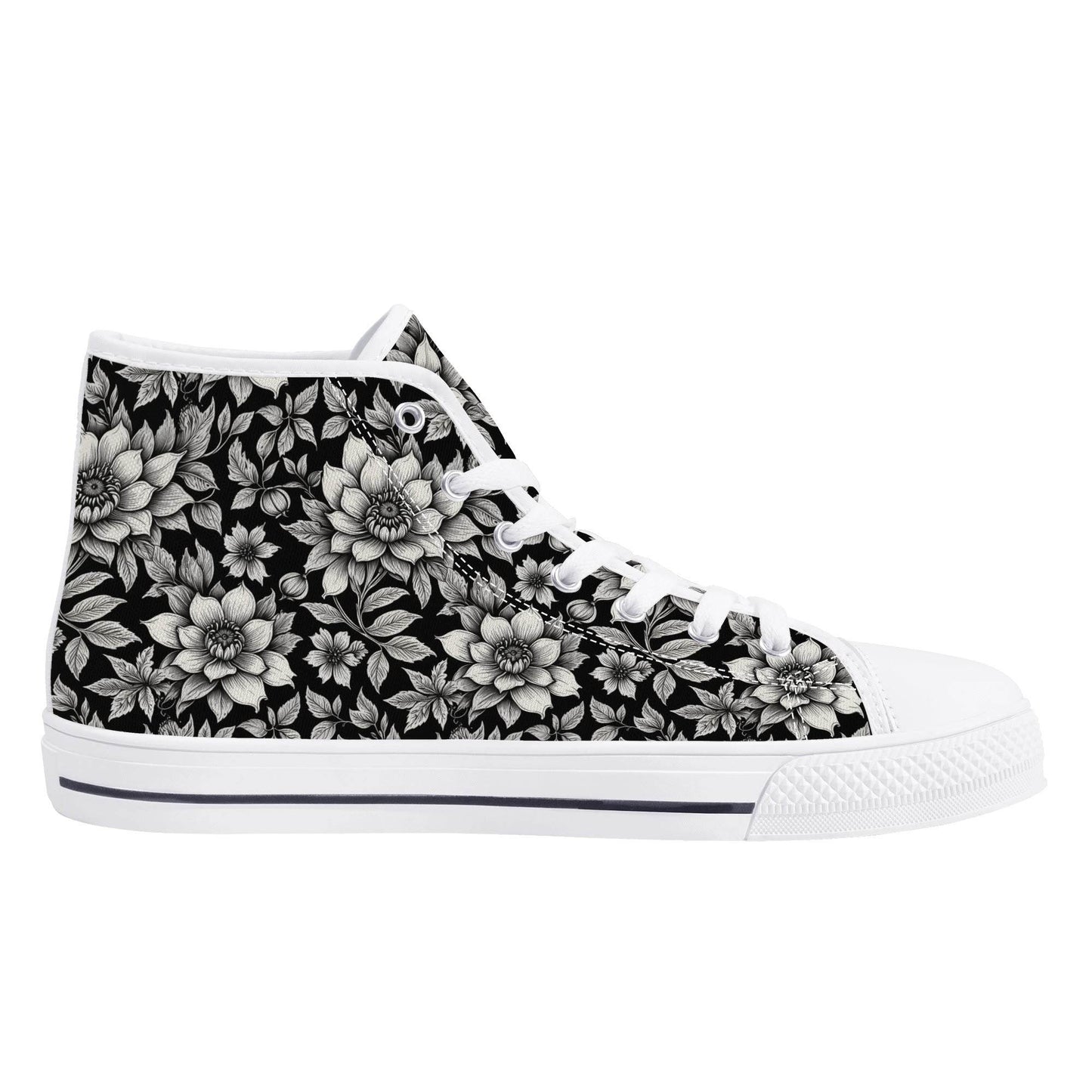 Black and White Bloom Women's High Top Canvas Shoes - DeRose Seasonal