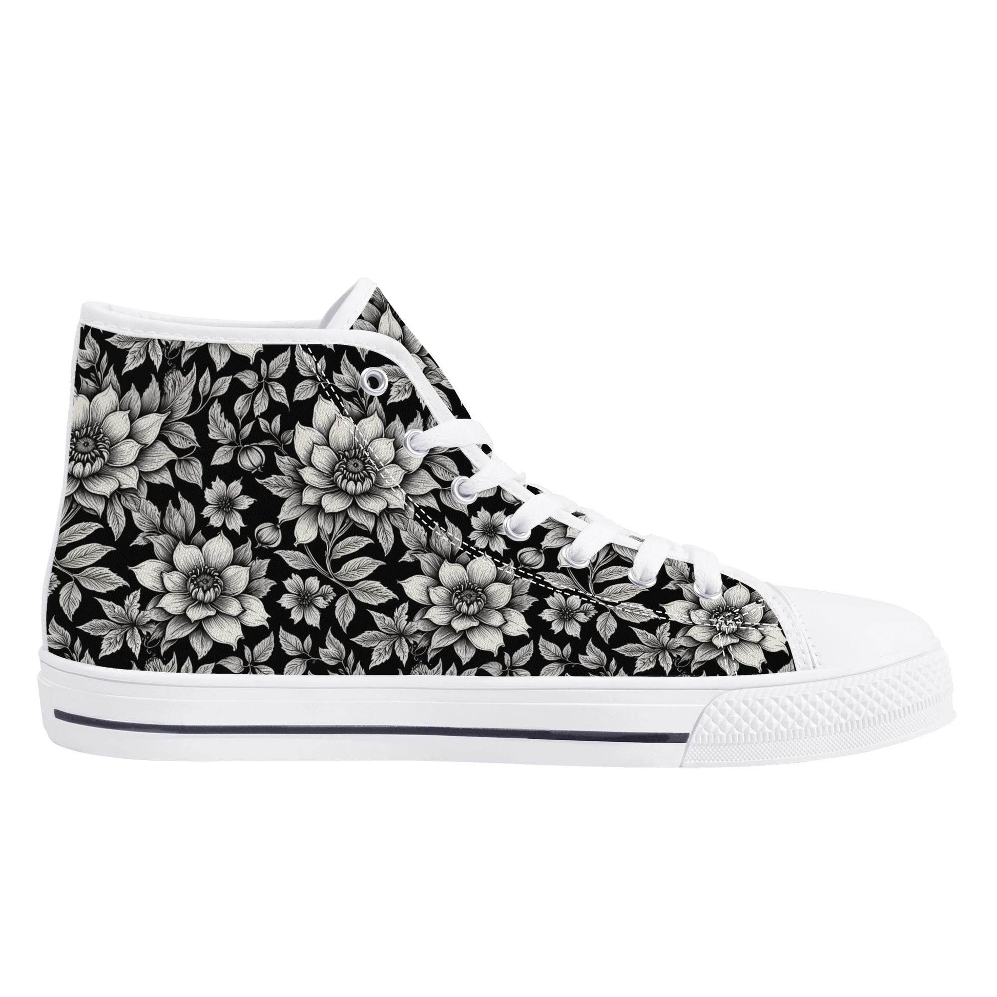 Black and White Bloom Women's High Top Canvas Shoes - DeRose Seasonal