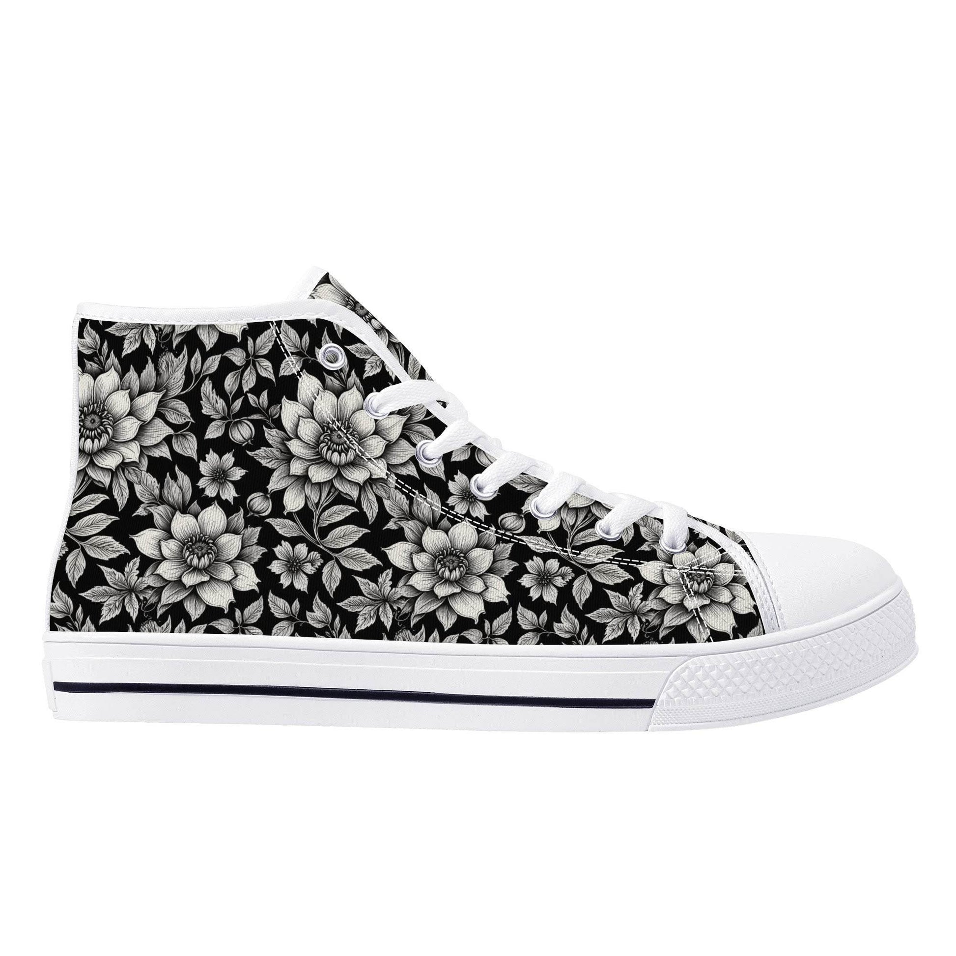Black and White Bloom Women's High Top Canvas Shoes - DeRose Seasonal