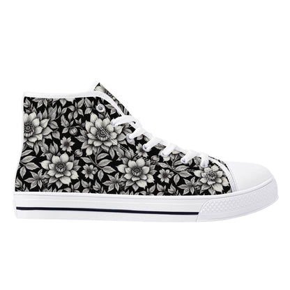 Black and White Bloom Women's High Top Canvas Shoes - DeRose Seasonal