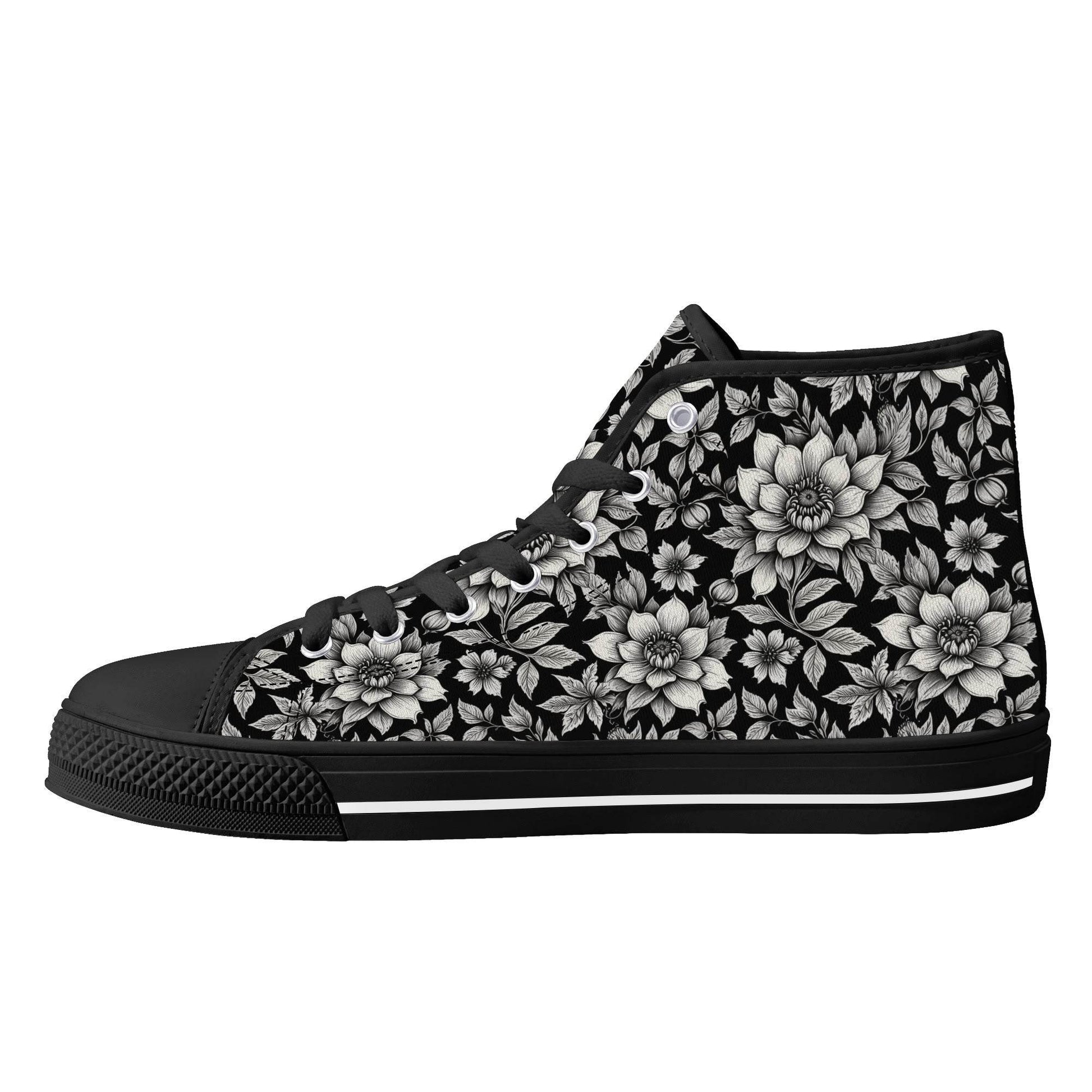 Black and White Bloom Women's High Top Canvas Shoes - DeRose Seasonal