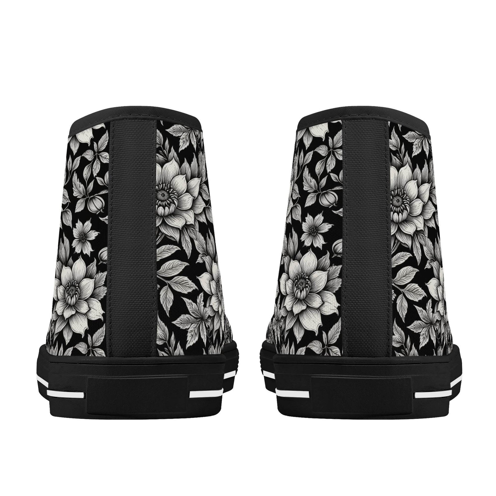 Black and White Bloom Women's High Top Canvas Shoes - DeRose Seasonal