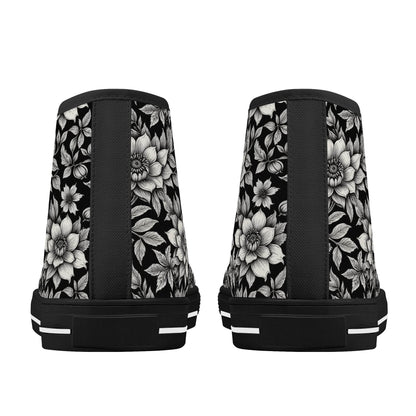 Black and White Bloom Women's High Top Canvas Shoes - DeRose Seasonal