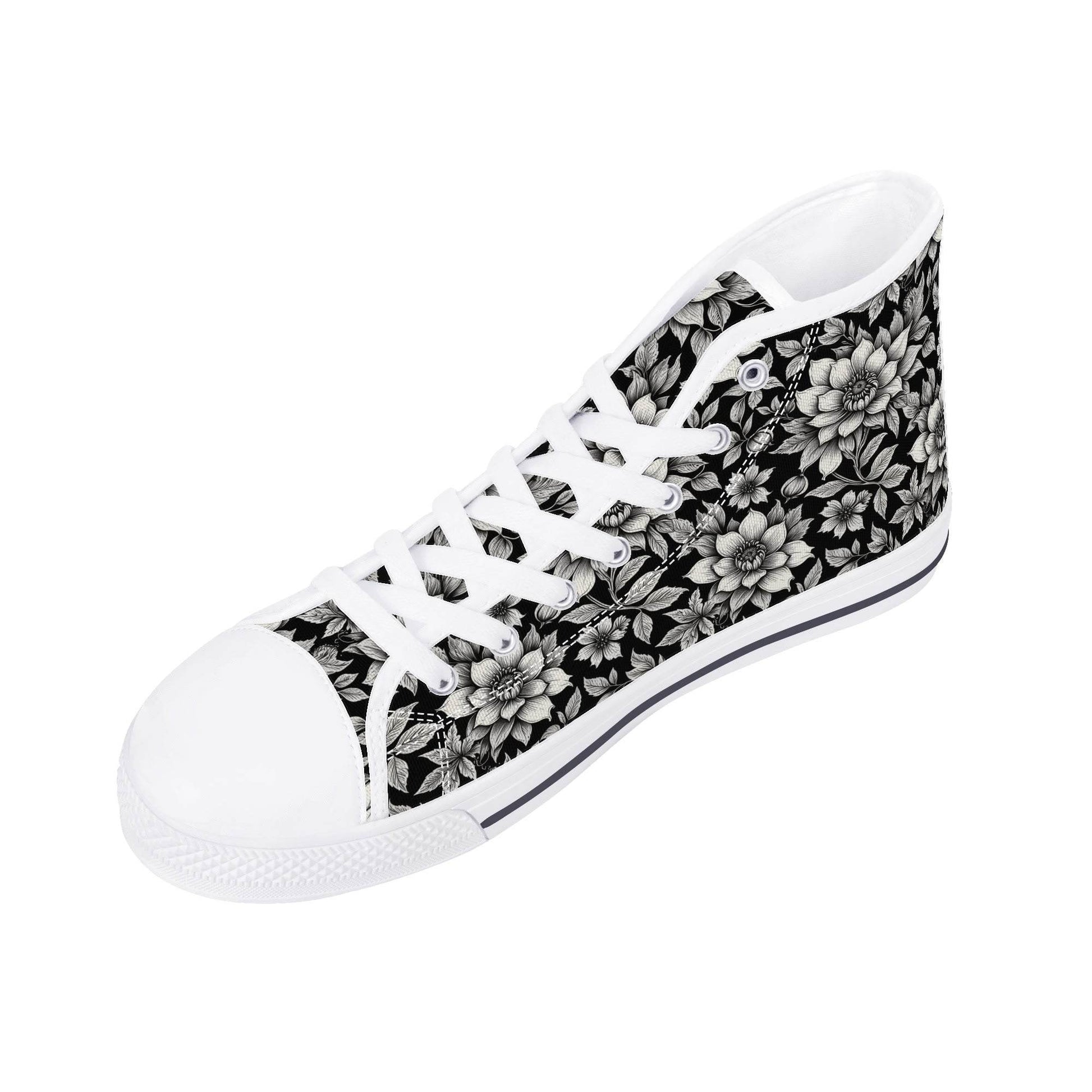 Black and White Bloom Women's High Top Canvas Shoes - DeRose Seasonal