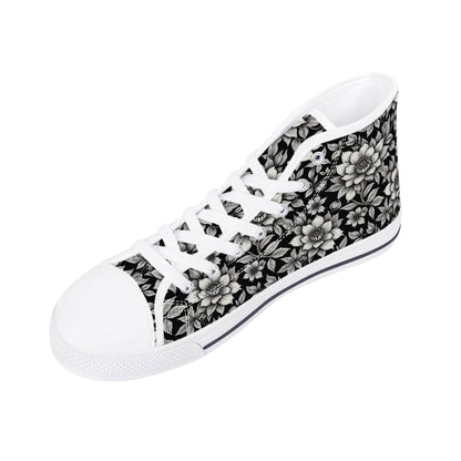 Black and White Bloom Women's High Top Canvas Shoes - DeRose Seasonal